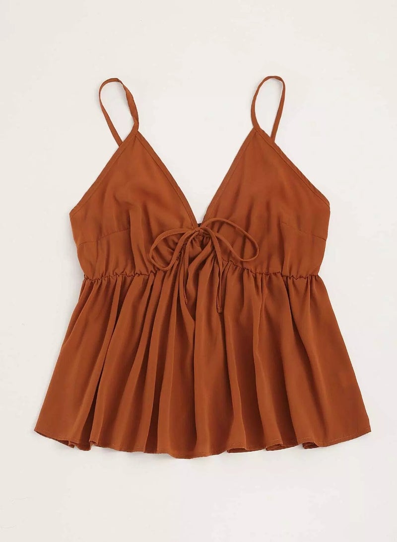 Plus Solid Shirred Knot Peplum Cami Top  - Image 5