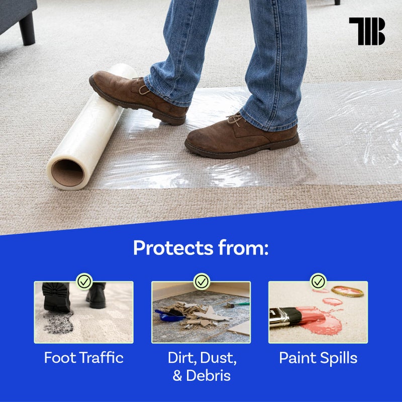 TapeManBlue Carpet Protection Film 24" x 200' roll, Self Adhesive Plastic Carpet Protector Film with Clean Removal & Easy Unwind, Durable Protection Tape to Shield Your Surface from Dirt and Spills - Image 4