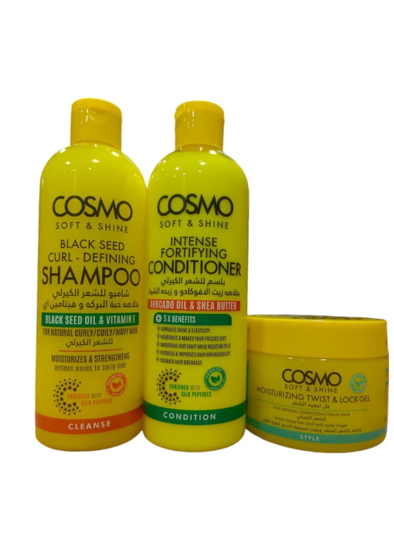 COSMO Black Seed Curl Definng Shampoo Black Seed Oil and Vitamin E 480 ml  Intense Fortifying Conditioner Avocado Oil and Shea Buttr 480ml Moisturizing Twist and Lock Gel 