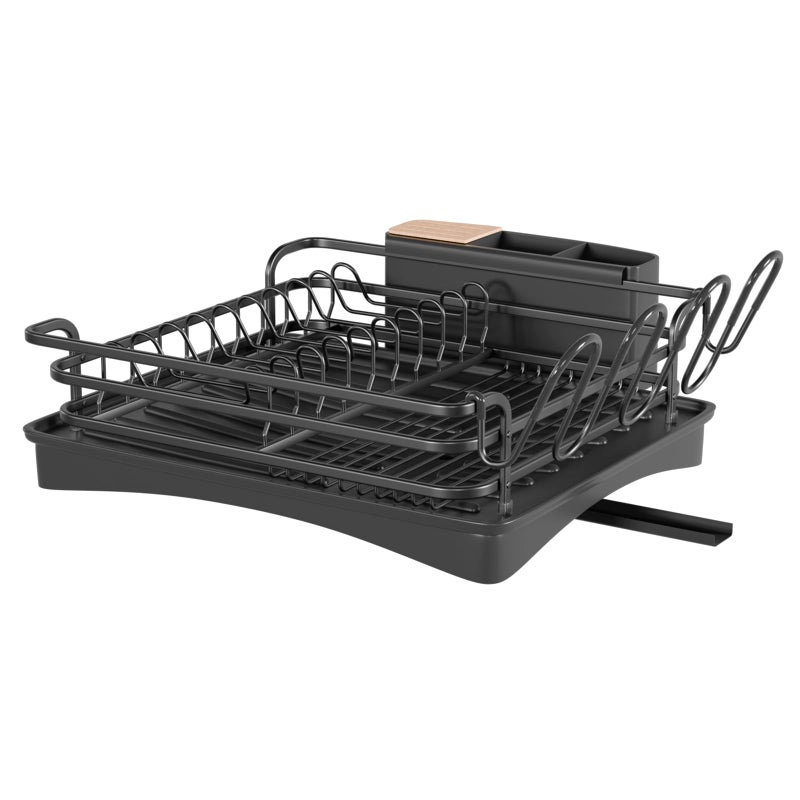 BRIAN  DANY Aluminum Dish Drying Rack Dish Drainer with Removable Cutlery Holder  Cup Holder Unique 360 Swivel Spout Drain Board Black