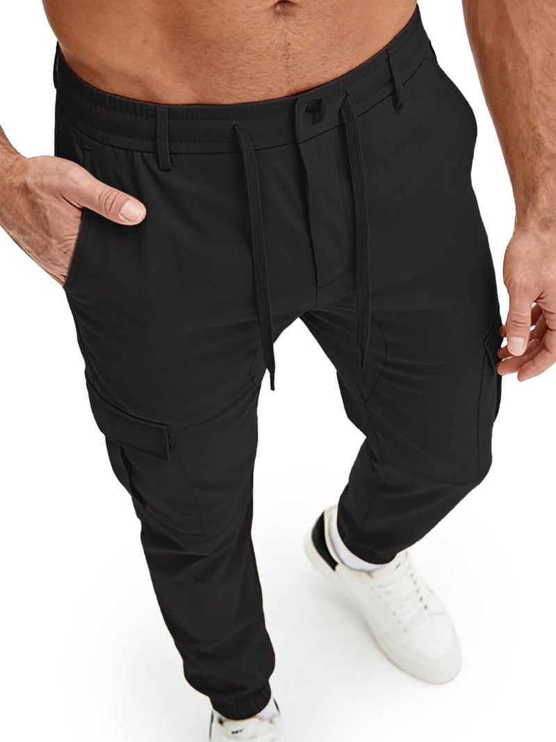 PLEPAN Mens Casual Cargo Joggers Pants Drawstring Elastic Waist Tapered Work Pants Twill Slim Fit Outdoor Hiking Pants with 6 Pockets Streetwear Black Large - Image 1