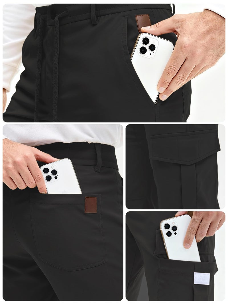 PLEPAN Mens Casual Cargo Joggers Pants Drawstring Elastic Waist Tapered Work Pants Twill Slim Fit Outdoor Hiking Pants with 6 Pockets Streetwear Black Large - Image 2