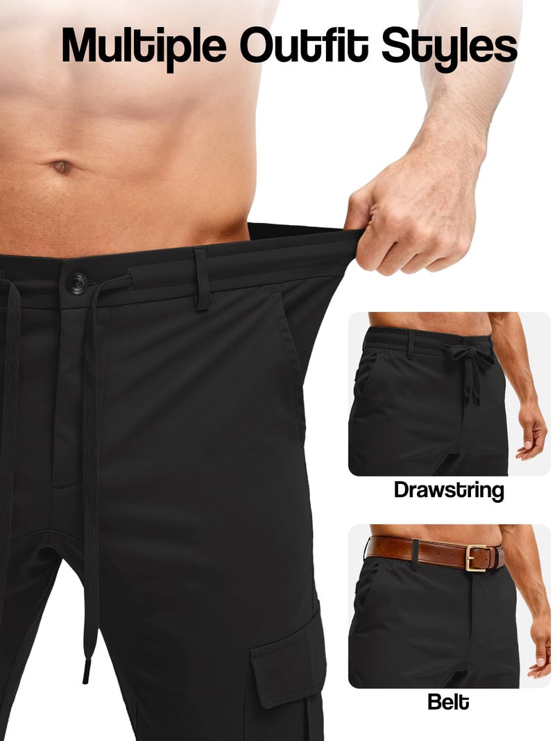 PLEPAN Mens Casual Cargo Joggers Pants Drawstring Elastic Waist Tapered Work Pants Twill Slim Fit Outdoor Hiking Pants with 6 Pockets Streetwear Black Large - Image 4