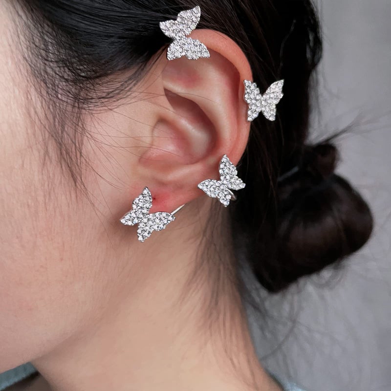 DOLLESS Butterfly Ear Cuffs Earrings Rhinestone Butterfly Ear Wrap No Piercing Ear Cuff Clip On Earrings for Women (Silver) - Image 4