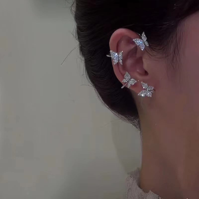DOLLESS Butterfly Ear Cuffs Earrings Rhinestone Butterfly Ear Wrap No Piercing Ear Cuff Clip On Earrings for Women (Silver) - Image 3