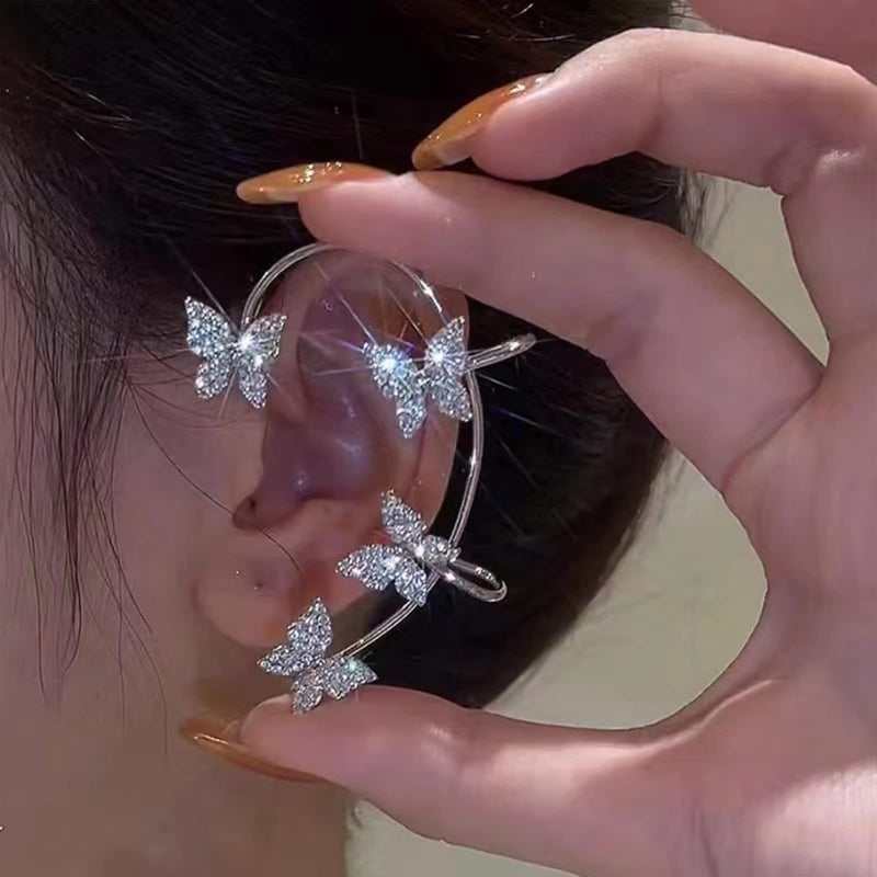 DOLLESS Butterfly Ear Cuffs Earrings Rhinestone Butterfly Ear Wrap No Piercing Ear Cuff Clip On Earrings for Women (Silver) - Image 2