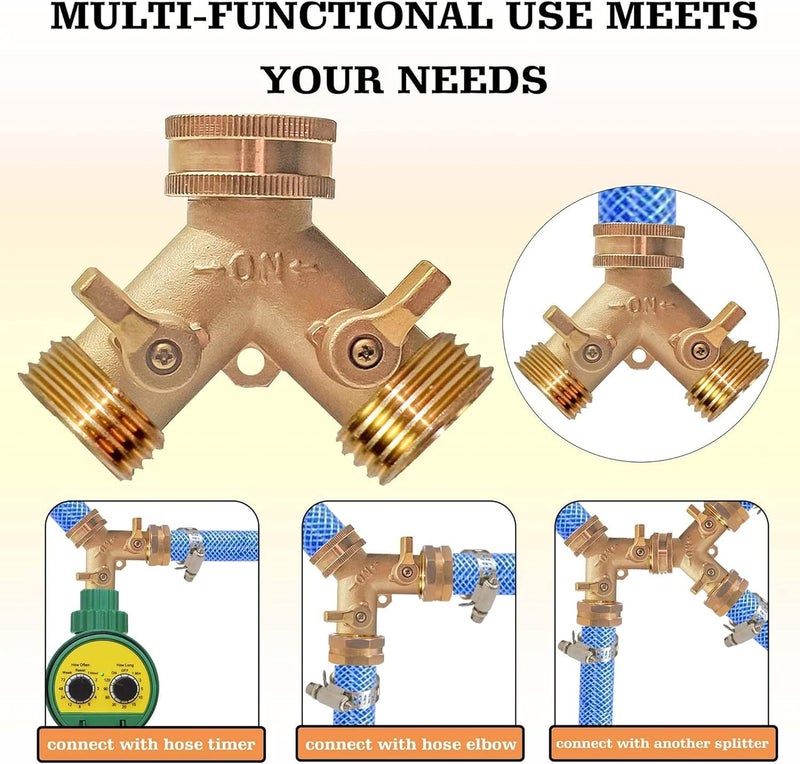 Xiny Tool Brass Garden Hose Splitter (2 Way), Solid Brass Hose Y Splitter 2 Valves with 2 Extra Rubber Washers (4) - Image 2