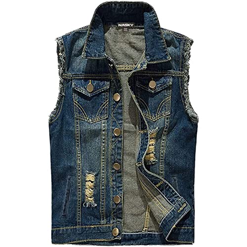 NASKY Men's Fit Retro Ripped Denim Vest Sleeveless Lapel Jean Vest Jacket Waistcoat Top(Large,Dark blue) - Image 1