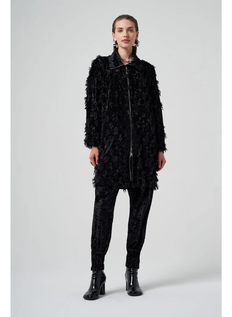 MissWhence  Fringed Detail Zippered Bouclé Coat - Black for Women | Best Price UAE