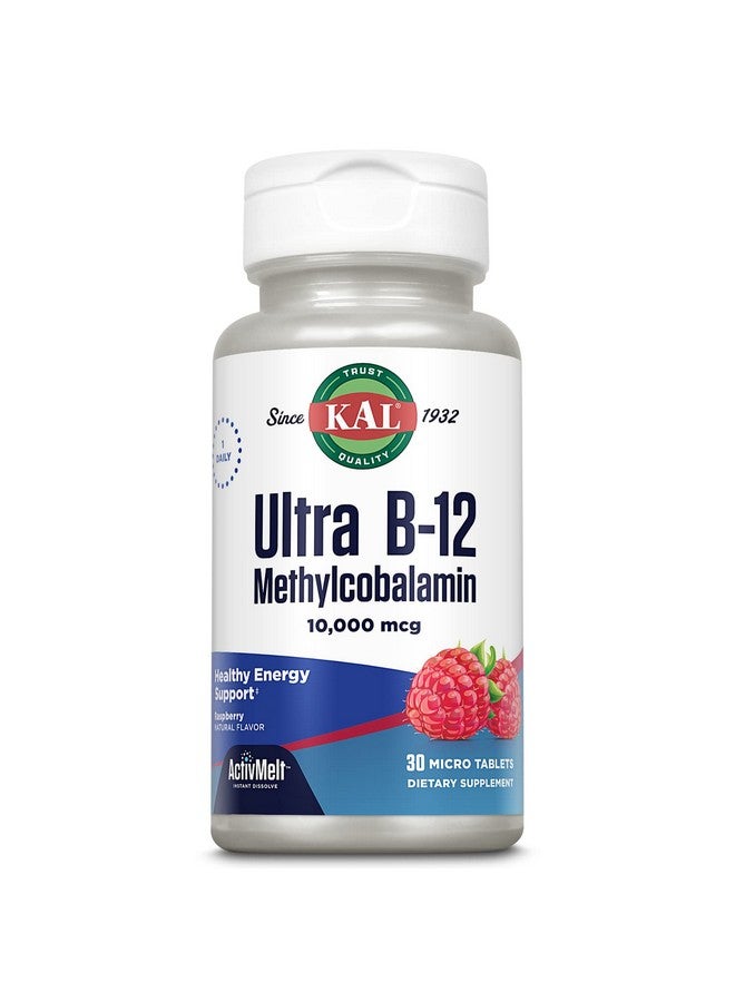 KAL Ultra B12 Methylcobalamin 10,000mcg, High Potency Vitamin B-12 for Healthy Energy, Metabolism, Nerve, Red Blood Cell Support,* Natural Raspberry Flavor, Vegetarian, 30 Micro Tablets, 30 Servings - Image 1