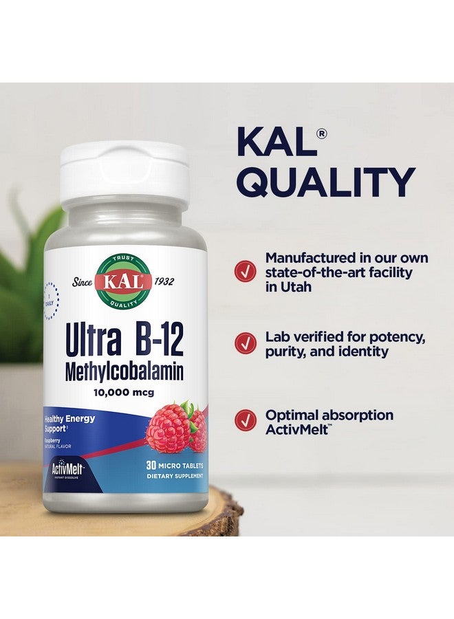 KAL Ultra B12 Methylcobalamin 10,000mcg, High Potency Vitamin B-12 for Healthy Energy, Metabolism, Nerve, Red Blood Cell Support,* Natural Raspberry Flavor, Vegetarian, 30 Micro Tablets, 30 Servings - Image 5