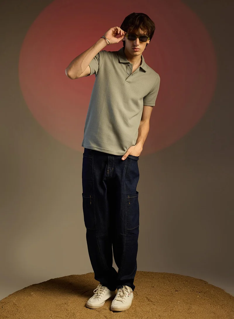 كامبوس سوترا Men's Olive Green Ribbed Polo T-Shirt