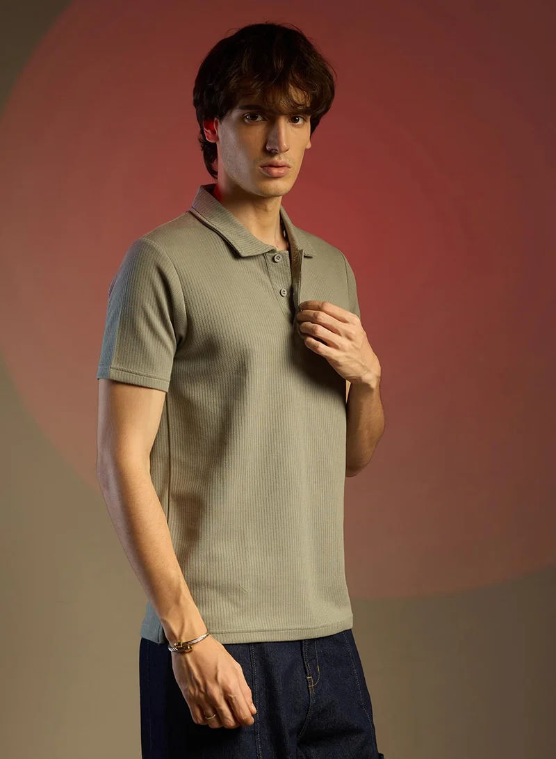 كامبوس سوترا Men's Olive Green Ribbed Polo T-Shirt