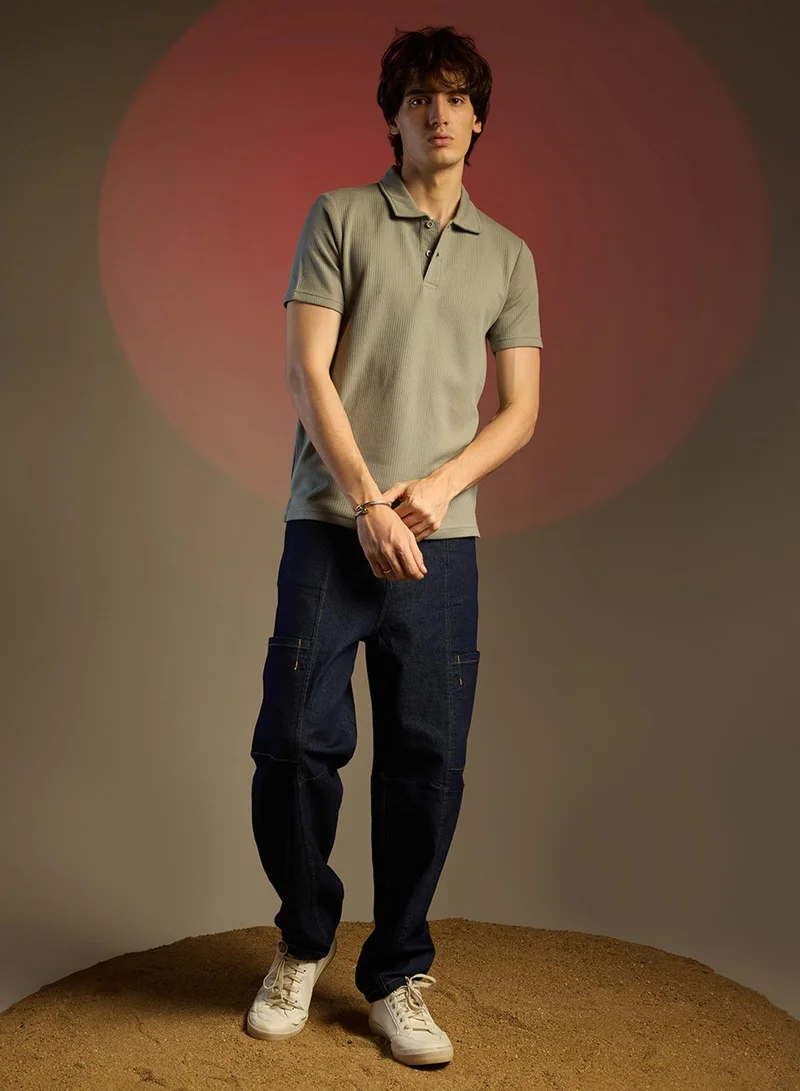 كامبوس سوترا Men's Olive Green Ribbed Polo T-Shirt