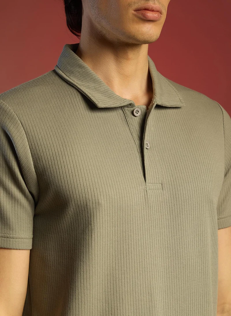 كامبوس سوترا Men's Olive Green Ribbed Polo T-Shirt