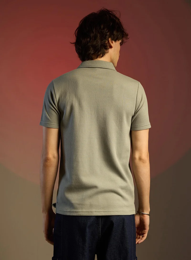 كامبوس سوترا Men's Olive Green Ribbed Polo T-Shirt