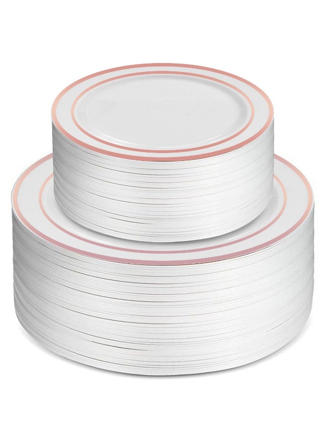 HomarKet 50Pcs Plastic Party Plates White Rose Gold Rim, 25 Premium Heavy Duty 10.25 Inch Dinner Plates and 25 Disposable 7.5 Inch Dessert Appetizer Elegant Fancy Heavy Duty Wedding Plates - Image 1