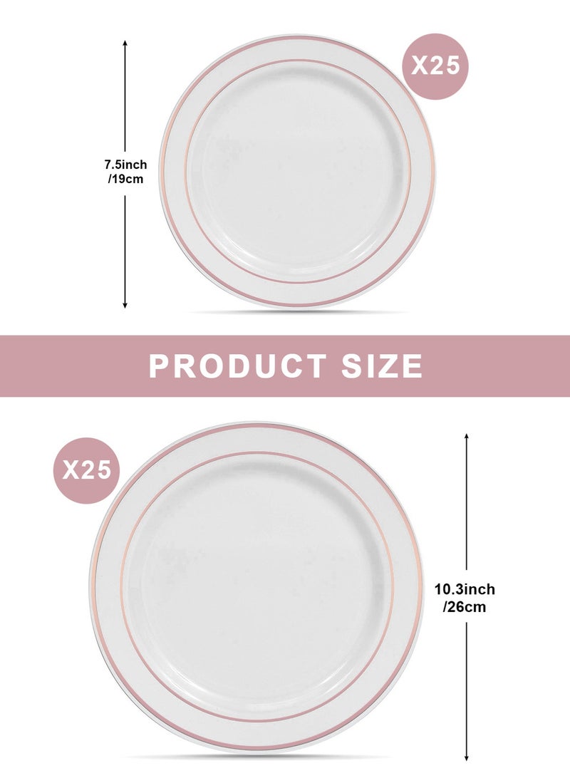 HomarKet 50Pcs Plastic Party Plates White Rose Gold Rim, 25 Premium Heavy Duty 10.25 Inch Dinner Plates and 25 Disposable 7.5 Inch Dessert Appetizer Elegant Fancy Heavy Duty Wedding Plates - Image 2