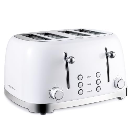 Roter Mond 4 Slice Toaster Retro Stainless Steel with Bagel Defrost Cancel Function, 6 Browning Settings, Extre Wide Slot and Removable Crumb Tray, White, ST033 - Image 1
