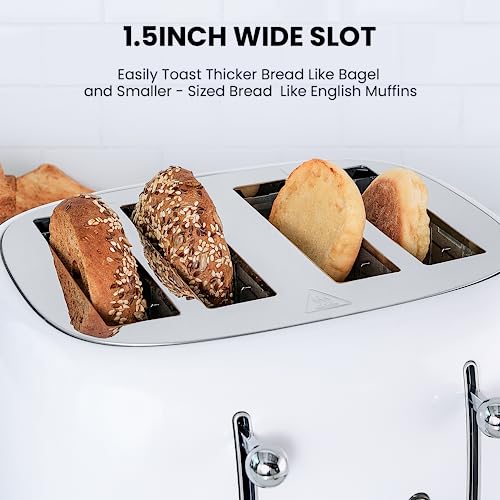 Roter Mond 4 Slice Toaster Retro Stainless Steel with Bagel Defrost Cancel Function, 6 Browning Settings, Extre Wide Slot and Removable Crumb Tray, White, ST033 - Image 2