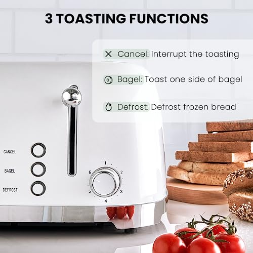 Roter Mond 4 Slice Toaster Retro Stainless Steel with Bagel Defrost Cancel Function, 6 Browning Settings, Extre Wide Slot and Removable Crumb Tray, White, ST033 - Image 3