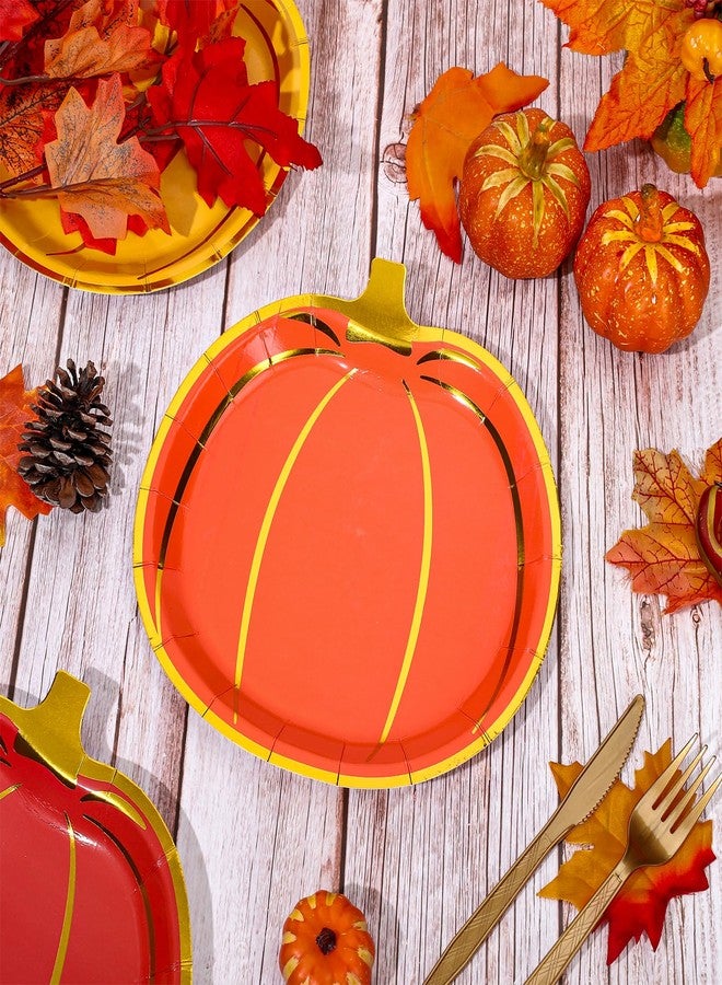 Whaline 24Pcs Fall Pumpkin Paper Plates Foil Gold Pumpkin Shaped Disposable Plates Red Orange Yellow Pumpkins Decorative Tableware for Thanksgiving Party Supplies Autumn Holiday Catering Events - Image 3