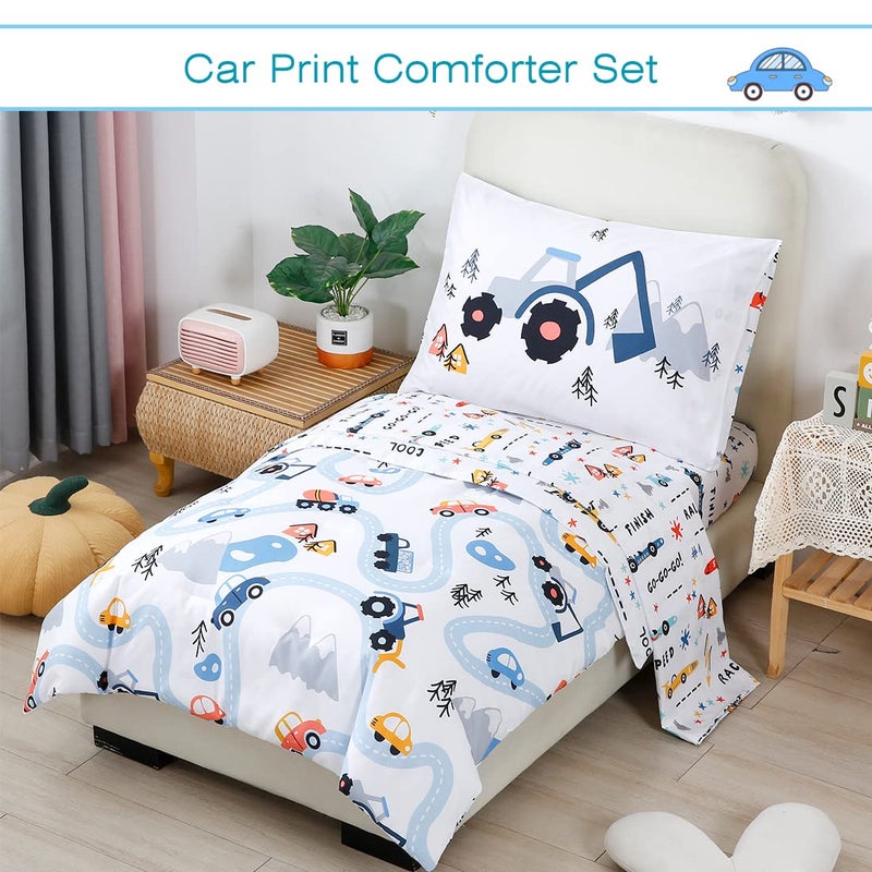 PERFEMET AONELAS Toddler Bedding Kids 4 Pieces Bed in A Bag for Boys Cars Printed Microfiber Toddler Comforter Sets with Standard Pillow Case Modern Bedroom Collection, White - Image 2