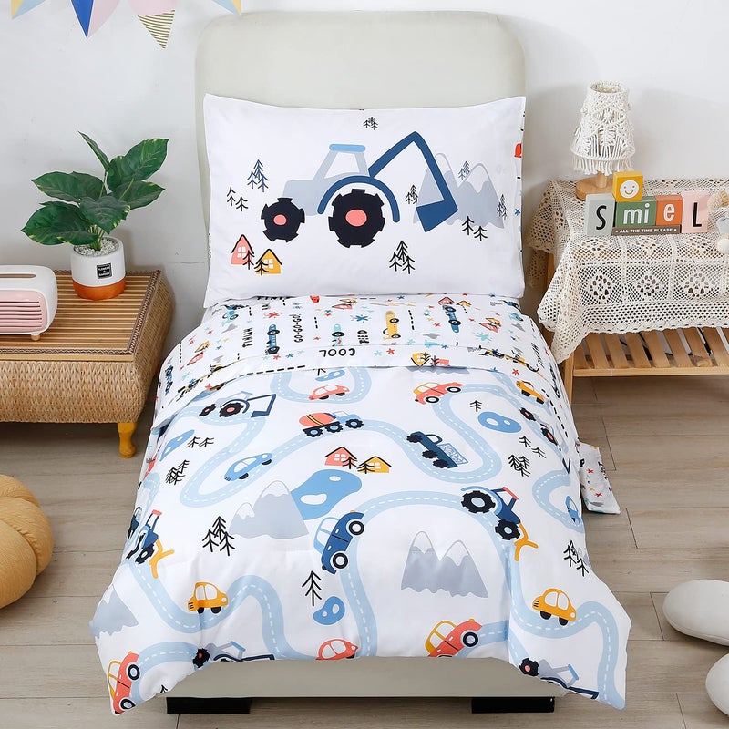 PERFEMET AONELAS Toddler Bedding Kids 4 Pieces Bed in A Bag for Boys Cars Printed Microfiber Toddler Comforter Sets with Standard Pillow Case Modern Bedroom Collection, White - Image 1