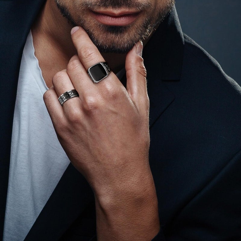 MEDOJO 10 Pcs Men's Stainless Steel Vintage Signet Ring Square Pinky Thumb Chunky Thin Band Ring Vintage Biker Band Rings Set 11 - Image 3