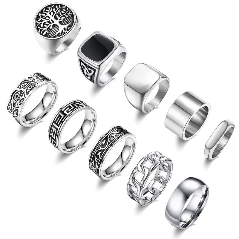 MEDOJO 10 Pcs Men's Stainless Steel Vintage Signet Ring Square Pinky Thumb Chunky Thin Band Ring Vintage Biker Band Rings Set 11 - Image 1