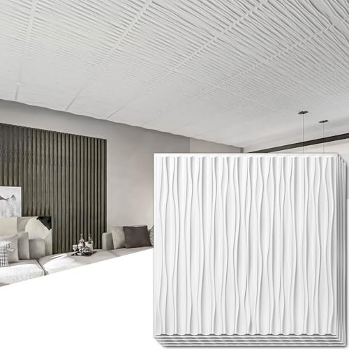 Art3dwallpanels Ceiling Tiles 24 x 24 for Interior Wall Décor, 12 Pack Drop Ceiling Tile 3D Wall Panel Fire Rated Waterproof Premium PVC, No Sag and Breakage Wall Panels Cover 48.Sq.Ft. White - Image 1