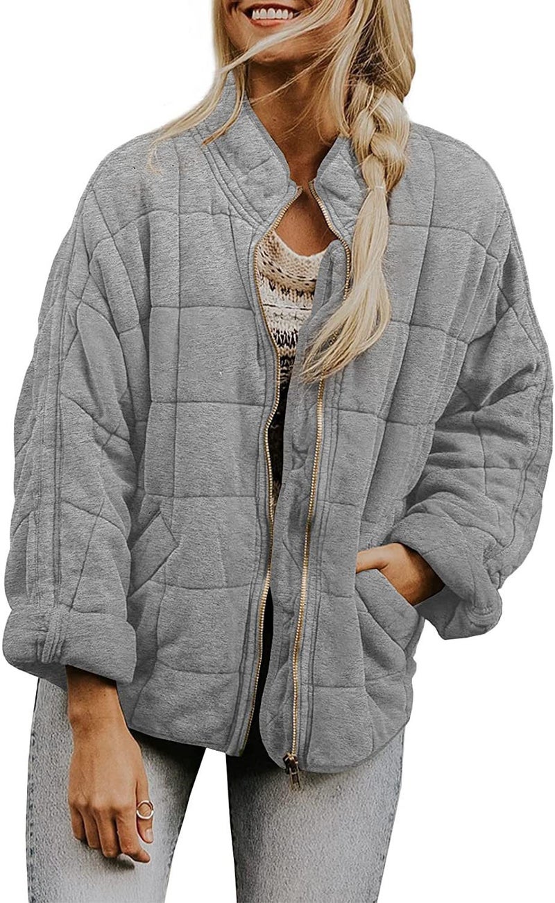 Puffer Solid Color Light Gray Stand-up Collar Cotton Outwear European and American Women's Loose Long-sleeved Flap Pocket Pants Zipper Jacket for Women's