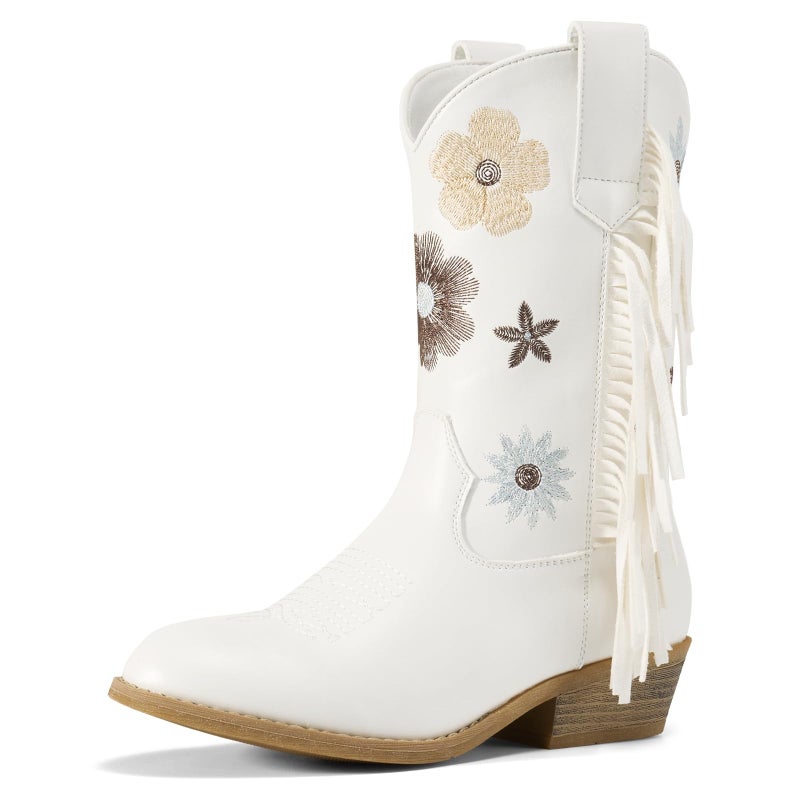 Rollda Girls Cowboy Boots, Cowgirl Boots with Tassel, Floral Embroidered Kids Western Boots for Toddler/Little Kid/Big Kid White Size 3 - Image 1