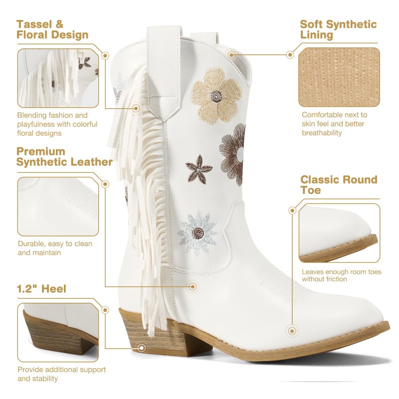Rollda Girls Cowboy Boots, Cowgirl Boots with Tassel, Floral Embroidered Kids Western Boots for Toddler/Little Kid/Big Kid White Size 3 - Image 4