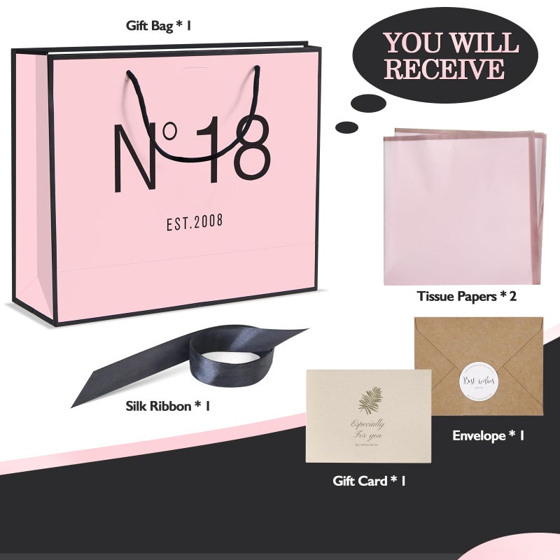 QLSKO 13" Birthday Gift Bag with Card Envelope Sticker Bow Ribbon and Tissue papers for Women Girls Design with Handles,13th-100th (EST.2008 18th, 13" W x 10.5" H x 4.3" D) - Image 2