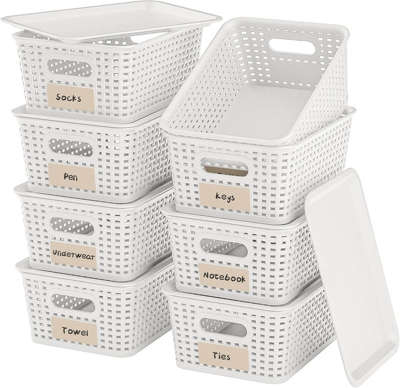 Wrrlors 8-Pack White Plastic Storage Baskets with Lids, Label Organizers, Stackable Organizer Containers: For Organizing Shelves, Drawers, Desk Closets, Playrooms, Classrooms, Offices - Image 1