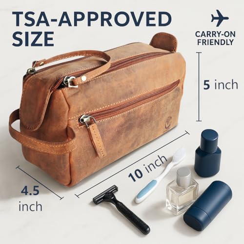 Rustic Town Full Grain Leather Toiletry Bag for Men & Women - Portable Travel Waterproof Dopp Kit (Brown) - Image 2