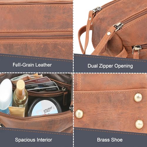 Rustic Town Full Grain Leather Toiletry Bag for Men & Women - Portable Travel Waterproof Dopp Kit (Brown) - Image 3