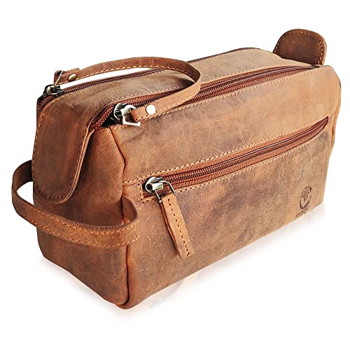 Rustic Town Full Grain Leather Toiletry Bag for Men & Women - Portable Travel Waterproof Dopp Kit (Brown) - Image 1
