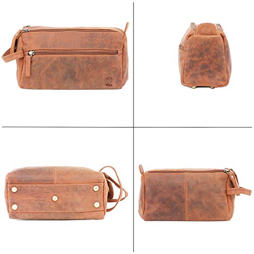 Rustic Town Full Grain Leather Toiletry Bag for Men & Women - Portable Travel Waterproof Dopp Kit (Brown) - Image 5