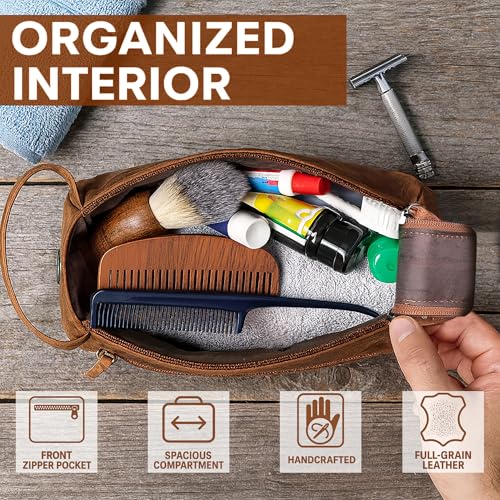 Rustic Town Full Grain Leather Toiletry Bag for Men & Women - Portable Travel Waterproof Dopp Kit (Brown) - Image 4