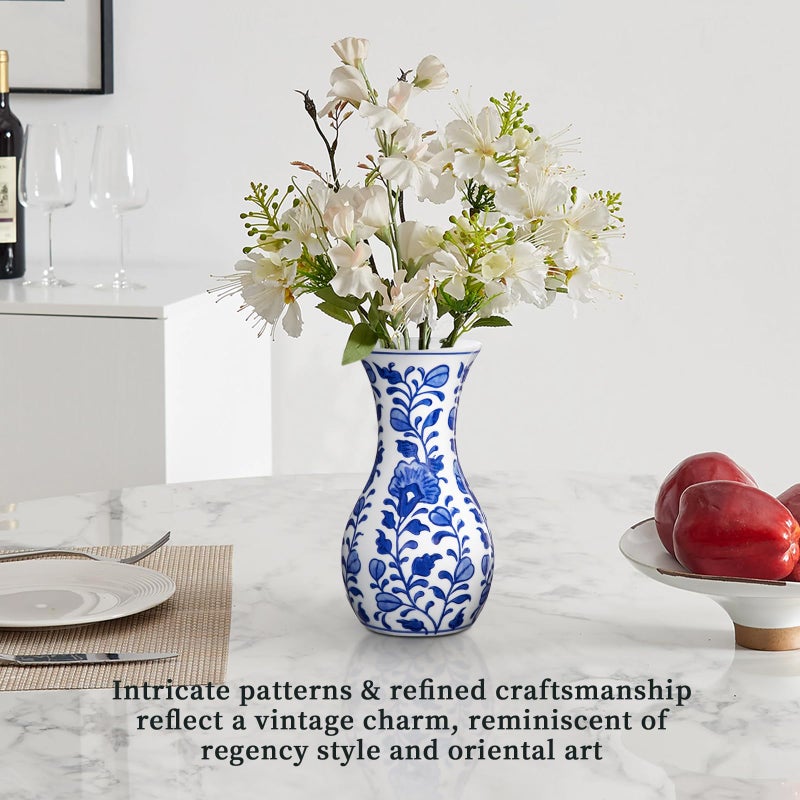 Villa Como Small Blue and White Vase, 2-Pack 6 Inch Bud Ceramic Flower Vase, Retro Chinoiserie Vases for Fresh Dried Silk Flower Decor Side Table Living Room Bookshelf Antique Grand Millennial - Floral Glazed - Image 5