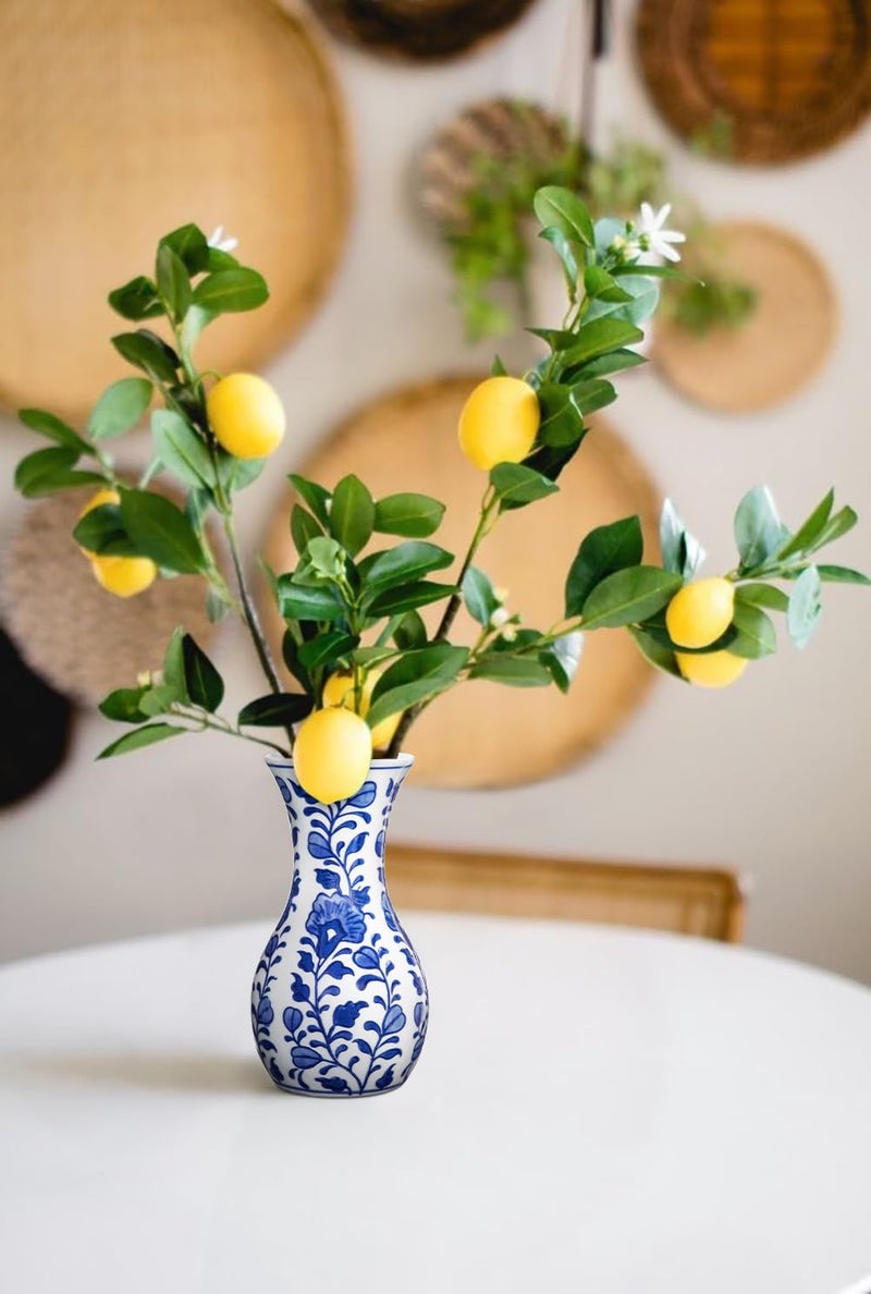 Villa Como Small Blue and White Vase, 2-Pack 6 Inch Bud Ceramic Flower Vase, Retro Chinoiserie Vases for Fresh Dried Silk Flower Decor Side Table Living Room Bookshelf Antique Grand Millennial - Floral Glazed - Image 4