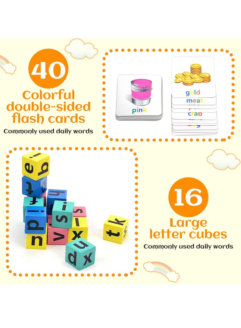 Spelling Game for Wooden Blocks Crossword Puzzles With 40 Cards Matching Letter Game Toys for Kids Montessori Learning Toy Color Alphabet Letters Matching Flash Cards for Age 3+ Kids