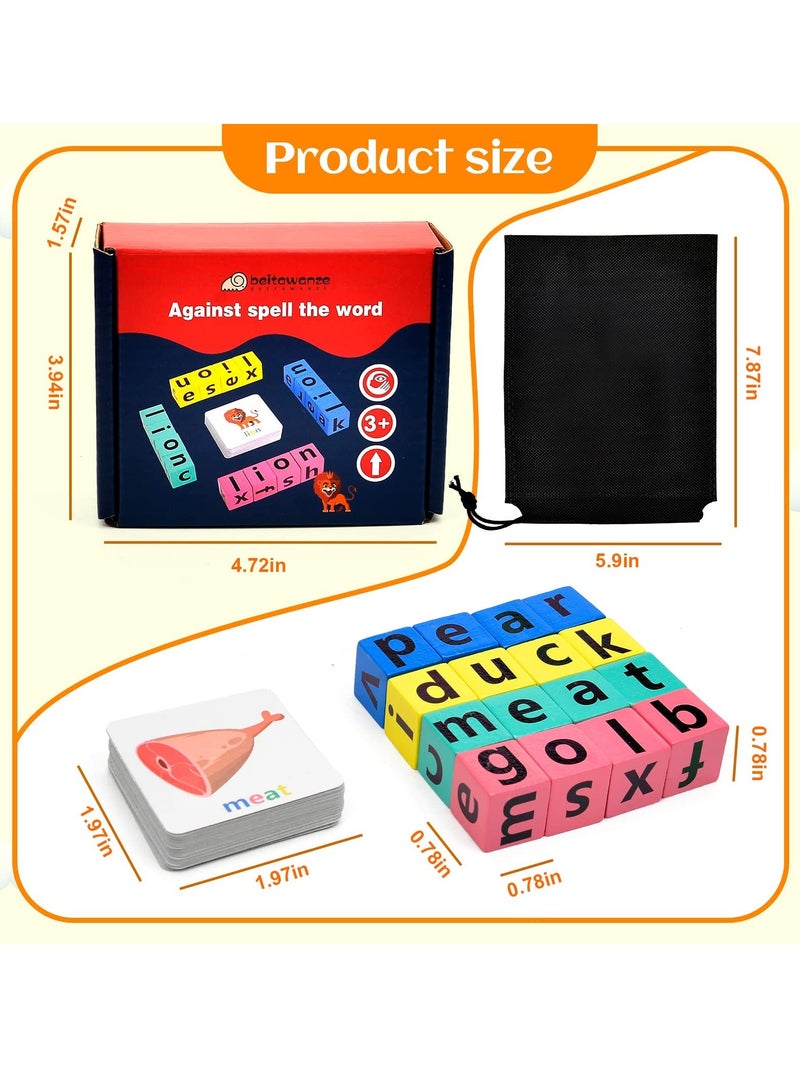 Spelling Game for Wooden Blocks Crossword Puzzles With 40 Cards Matching Letter Game Toys for Kids Montessori Learning Toy Color Alphabet Letters Matching Flash Cards for Age 3+ Kids