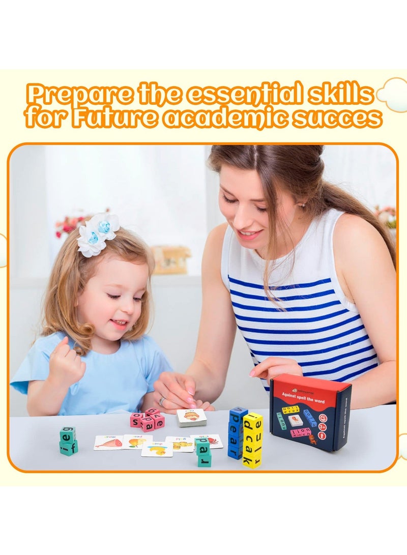 Spelling Game for Wooden Blocks Crossword Puzzles With 40 Cards Matching Letter Game Toys for Kids Montessori Learning Toy Color Alphabet Letters Matching Flash Cards for Age 3+ Kids