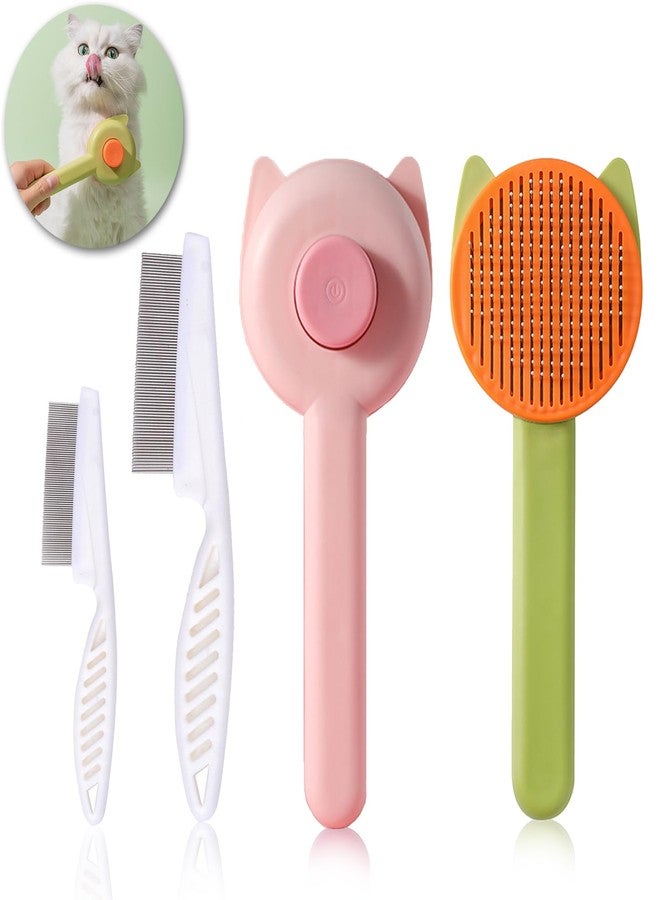 Mivofun Pet Grooming Brush Kit for Cat and Dog, Hair Massage Cleaner with Release Button, 2 Flea Combs for Shedding Removing Tangles Loose Fur Self Cleaning Accessories (4 Pieces Set) - Image 1