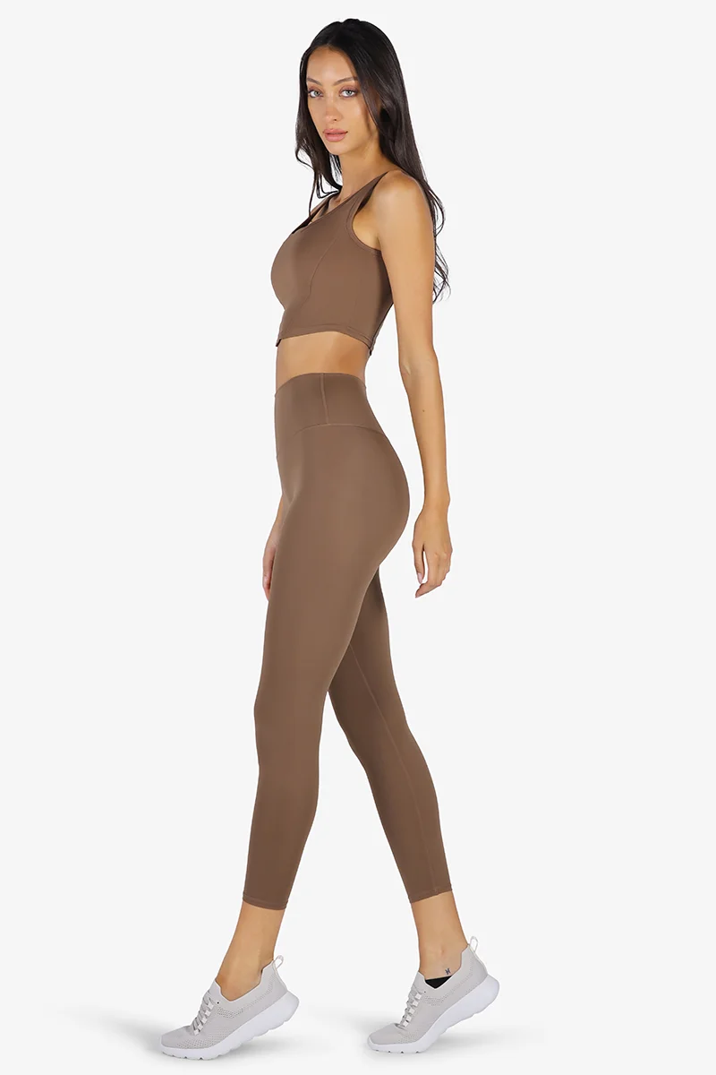 ياسيكو YesEco Women’s Brown Activewear Set – Padded U-Back Sports Bra & High-Waist Stretch Pants – Sustainable Recycled Nylon & Spandex Outfit for Yoga, Pilates, Gym, or Daily Athleisure Wear