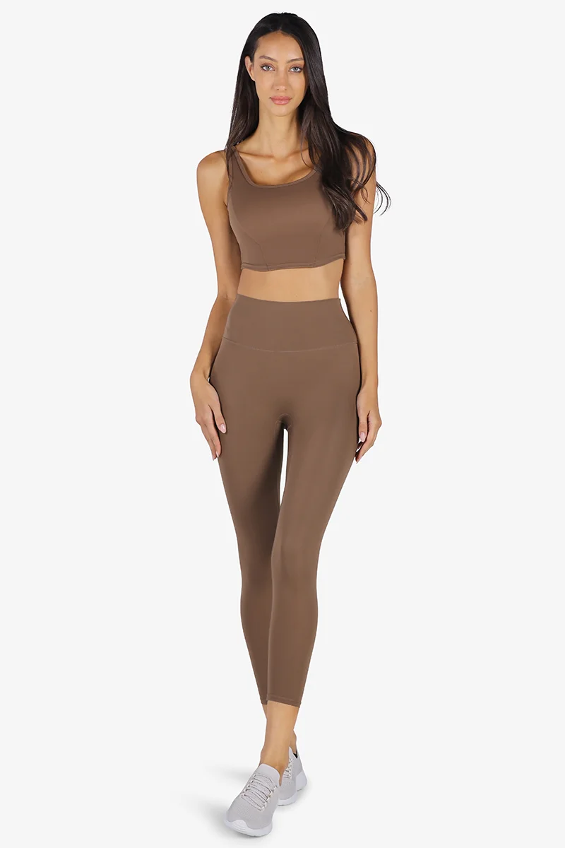 ياسيكو YesEco Women’s Brown Activewear Set – Padded U-Back Sports Bra & High-Waist Stretch Pants – Sustainable Recycled Nylon & Spandex Outfit for Yoga, Pilates, Gym, or Daily Athleisure Wear