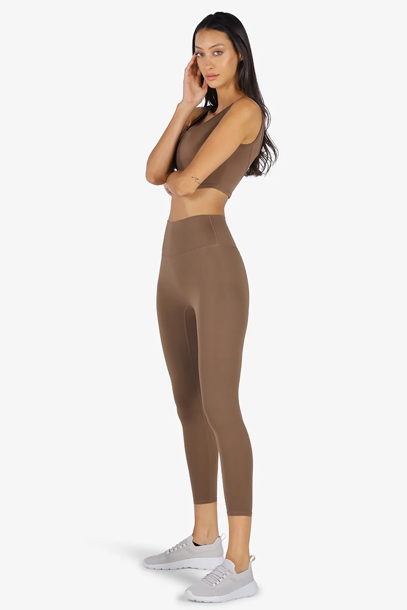 ياسيكو YesEco Women’s Brown Activewear Set – Padded U-Back Sports Bra & High-Waist Stretch Pants – Sustainable Recycled Nylon & Spandex Outfit for Yoga, Pilates, Gym, or Daily Athleisure Wear